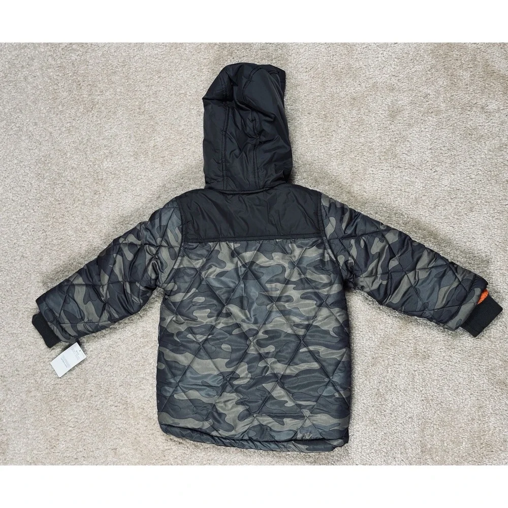 Carters Toddler Boys Camo Puffer Jacket Orange Lined Hooded Coat Green M 5/6 NWT